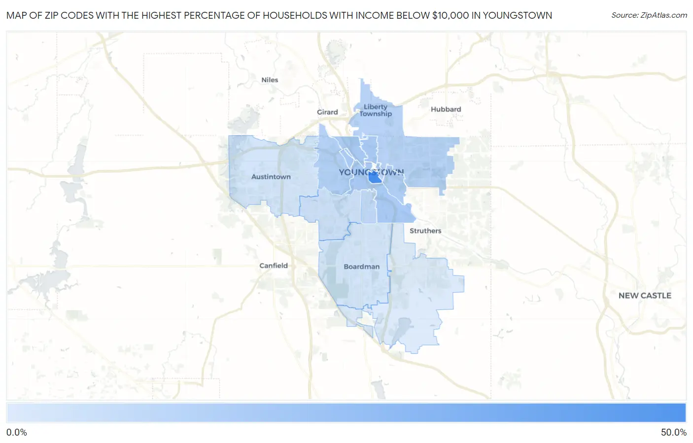 Zip Codes with the Highest Percentage of Households with Income Below $10,000 in Youngstown Map