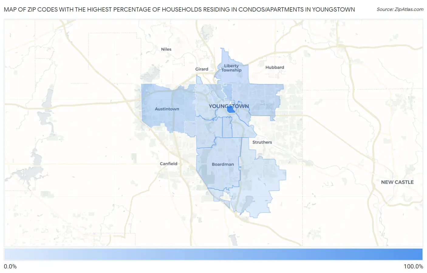 Zip Codes with the Highest Percentage of Households Residing in Condos/Apartments in Youngstown Map