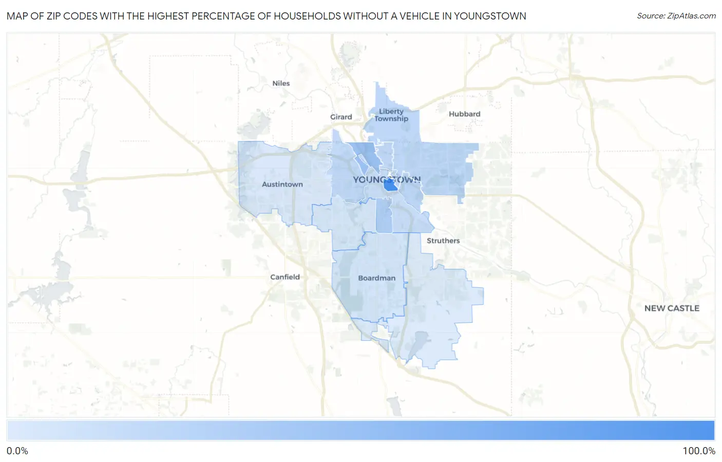 Zip Codes with the Highest Percentage of Households Without a Vehicle in Youngstown Map