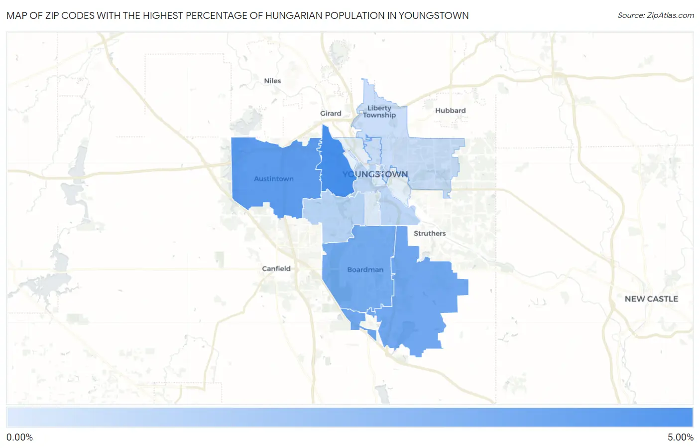 Zip Codes with the Highest Percentage of Hungarian Population in Youngstown Map