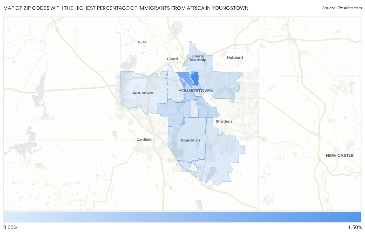 Zip Codes with the Highest Percentage of Immigrants from Africa in Youngstown Map