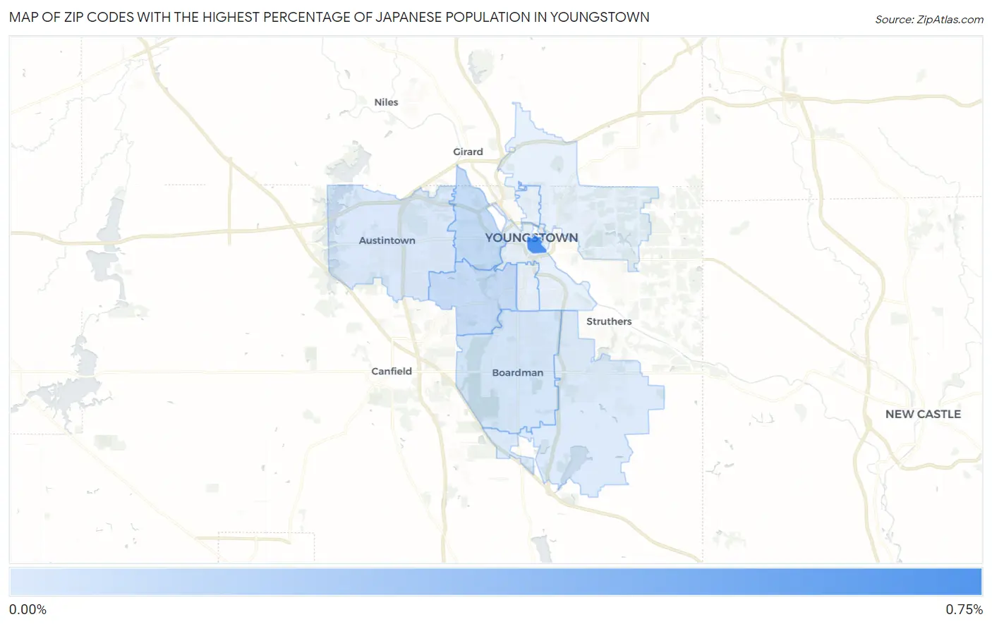 Zip Codes with the Highest Percentage of Japanese Population in Youngstown Map