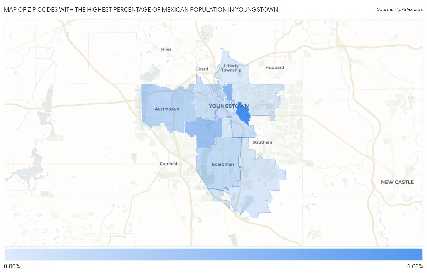 Zip Codes with the Highest Percentage of Mexican Population in Youngstown Map