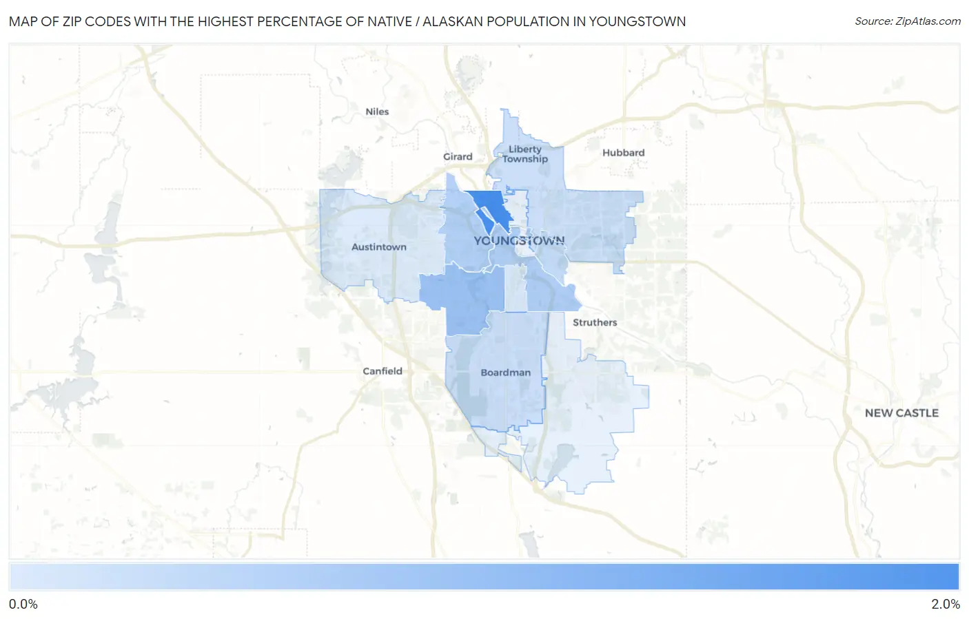 Zip Codes with the Highest Percentage of Native / Alaskan Population in Youngstown Map