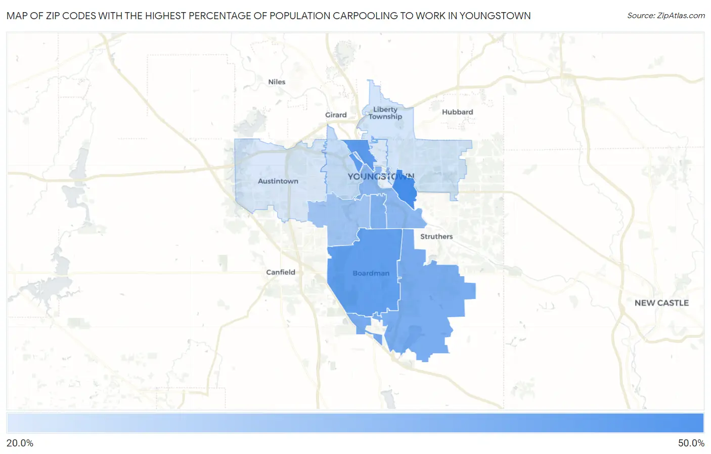 Zip Codes with the Highest Percentage of Population Carpooling to Work in Youngstown Map
