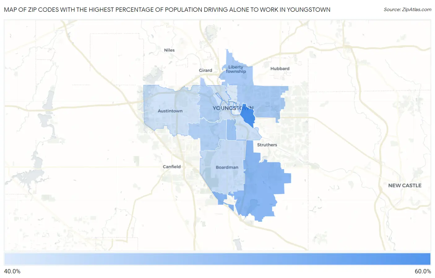 Zip Codes with the Highest Percentage of Population Driving Alone to Work in Youngstown Map