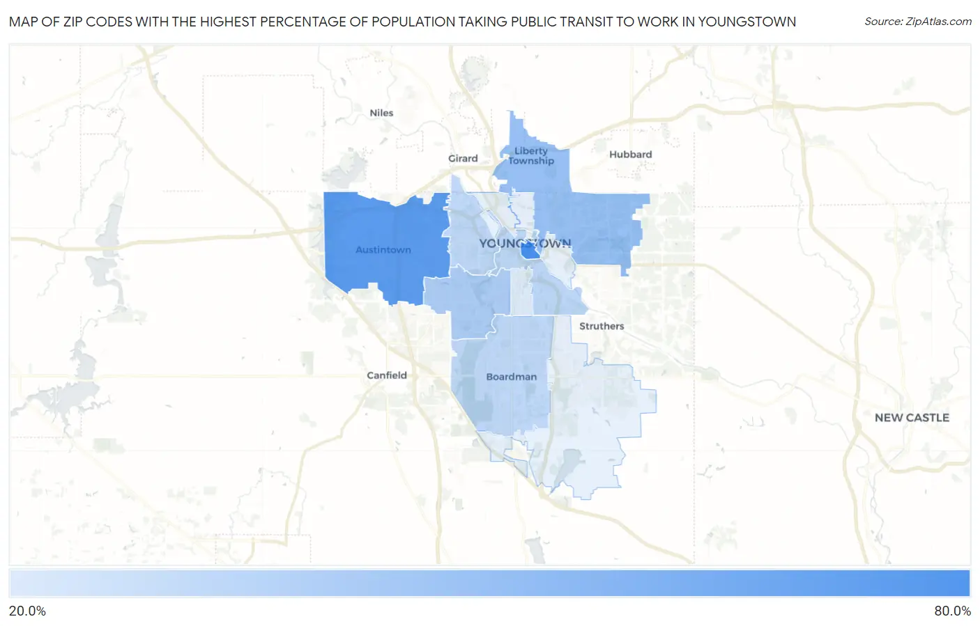 Zip Codes with the Highest Percentage of Population Taking Public Transit to Work in Youngstown Map