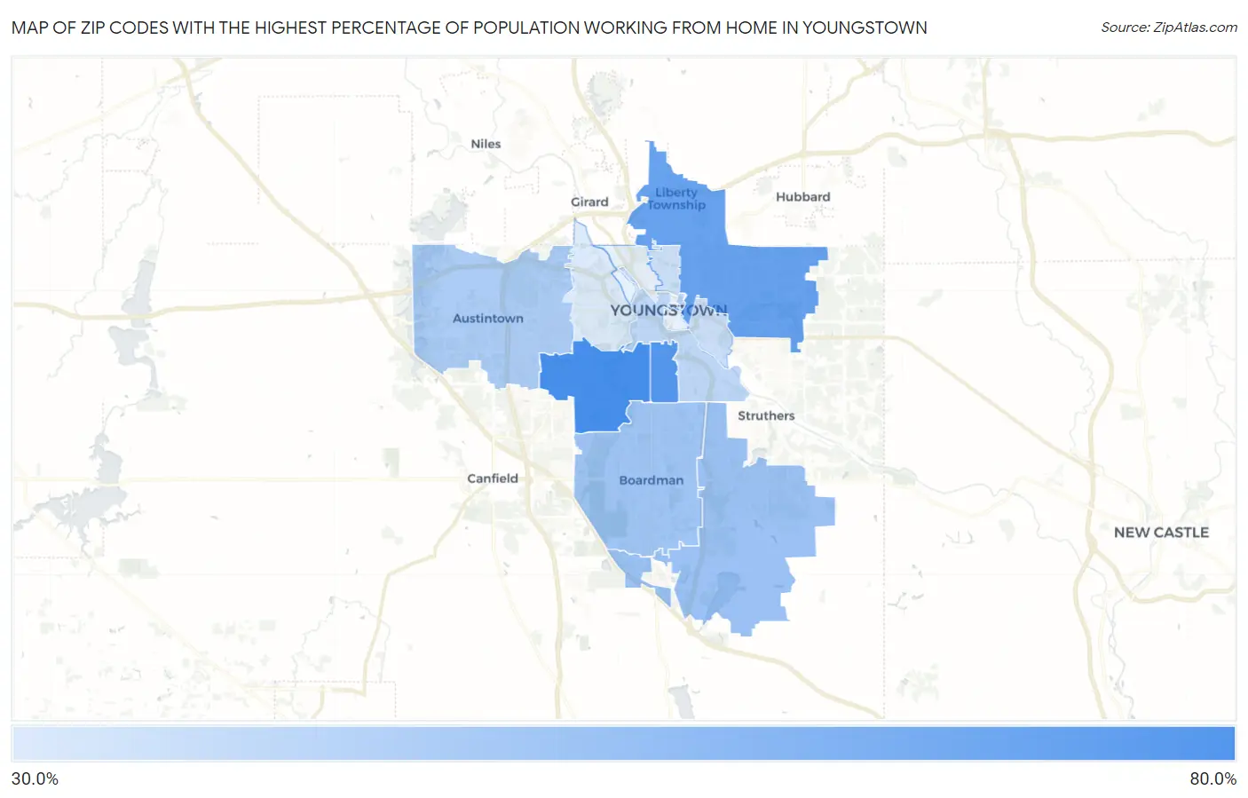 Zip Codes with the Highest Percentage of Population Working from Home in Youngstown Map