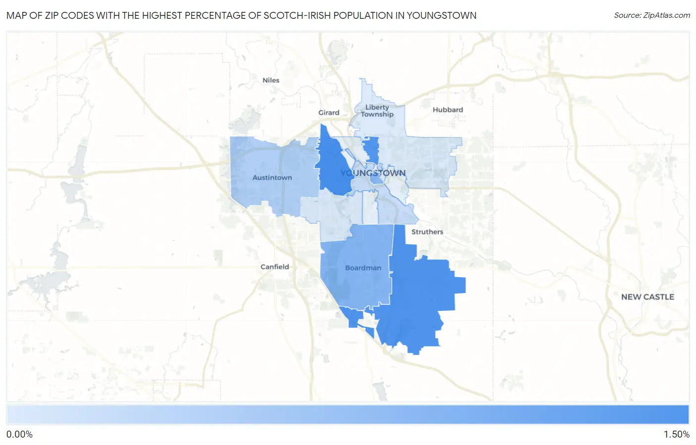 Zip Codes with the Highest Percentage of Scotch-Irish Population in Youngstown Map