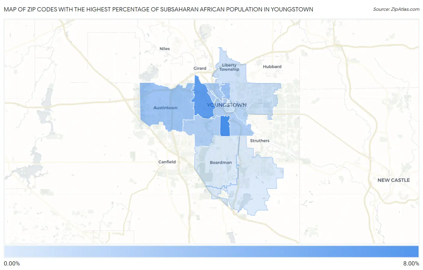 Zip Codes with the Highest Percentage of Subsaharan African Population in Youngstown Map
