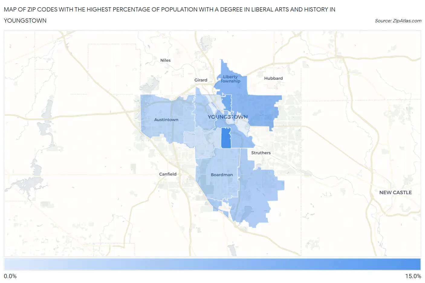 Zip Codes with the Highest Percentage of Population with a Degree in Liberal Arts and History in Youngstown Map