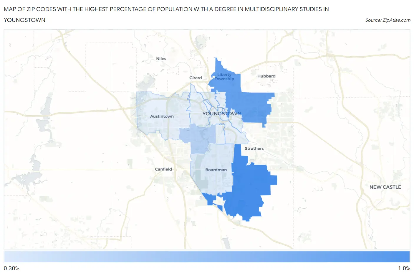 Zip Codes with the Highest Percentage of Population with a Degree in Multidisciplinary Studies in Youngstown Map