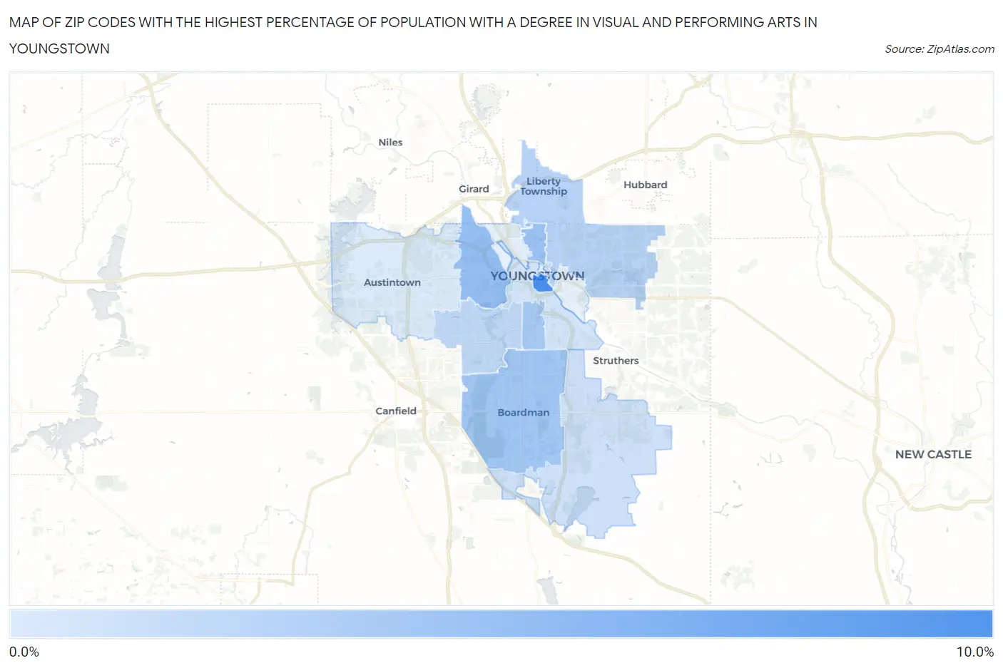 Zip Codes with the Highest Percentage of Population with a Degree in Visual and Performing Arts in Youngstown Map