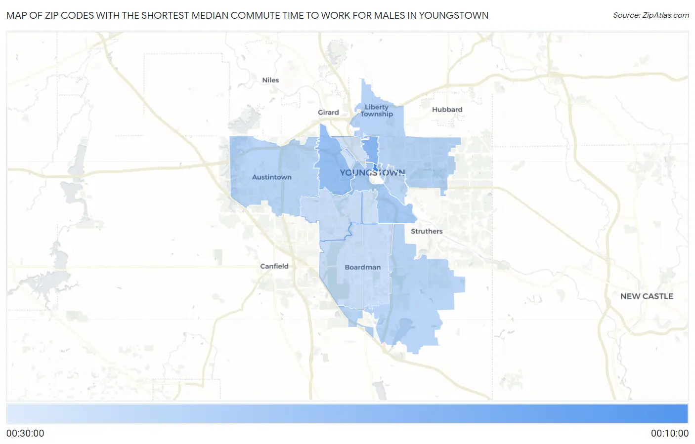 Zip Codes with the Shortest Median Commute Time to Work for Males in Youngstown Map