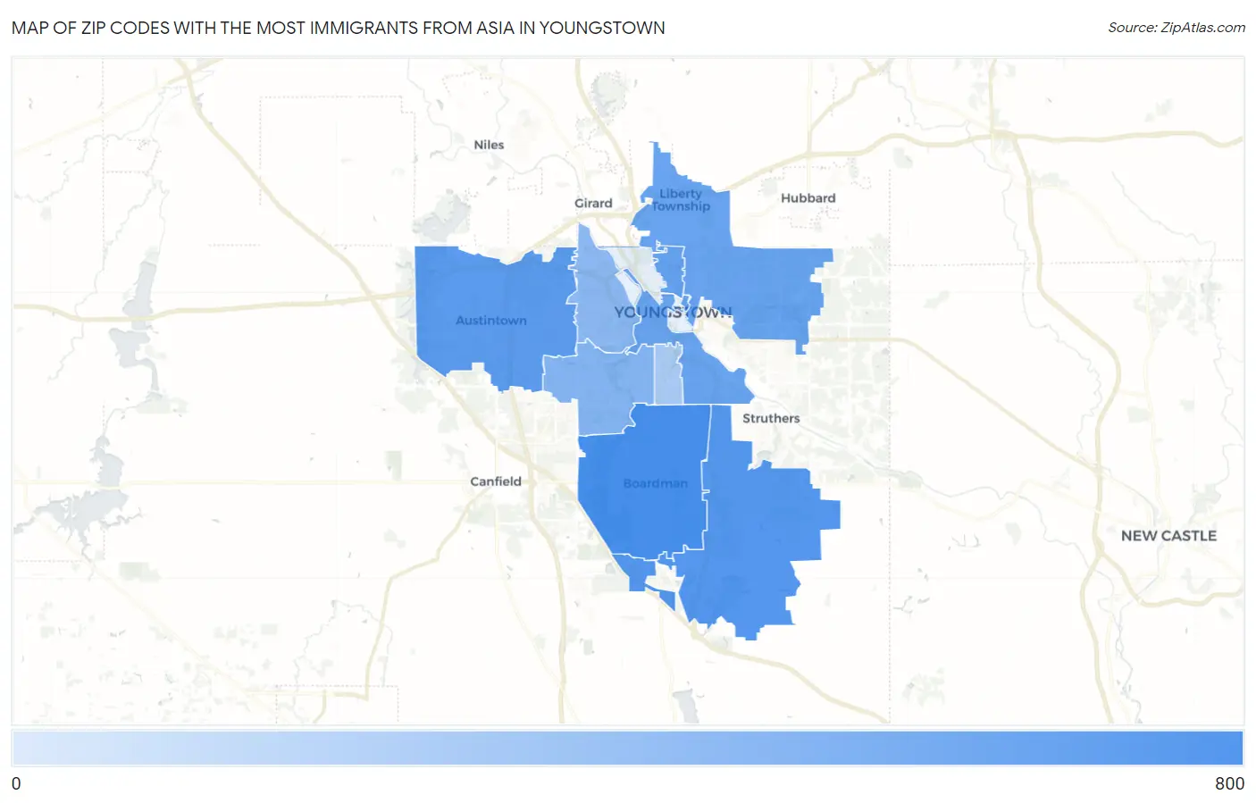 Zip Codes with the Most Immigrants from Asia in Youngstown Map