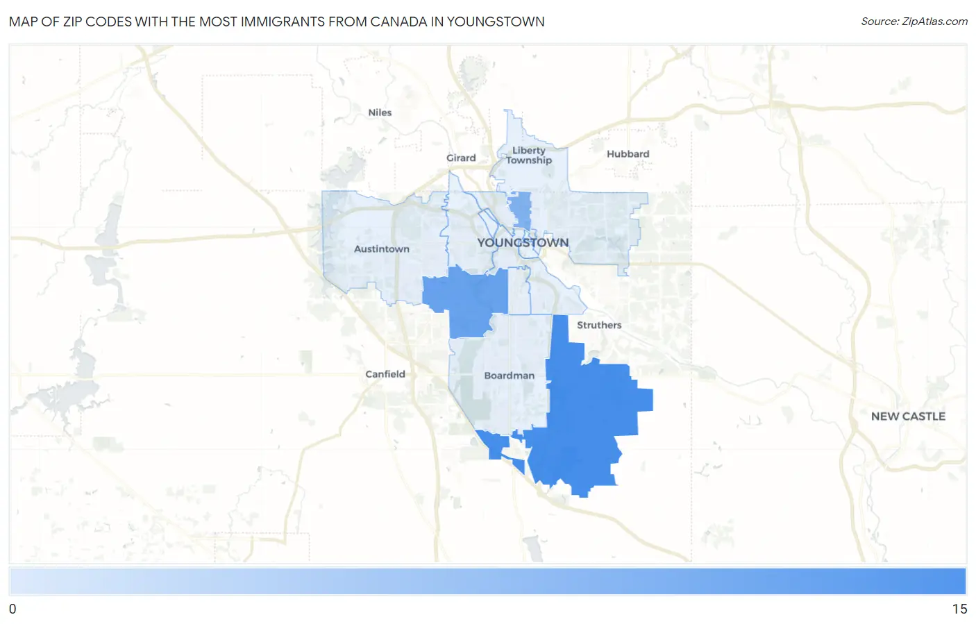 Zip Codes with the Most Immigrants from Canada in Youngstown Map