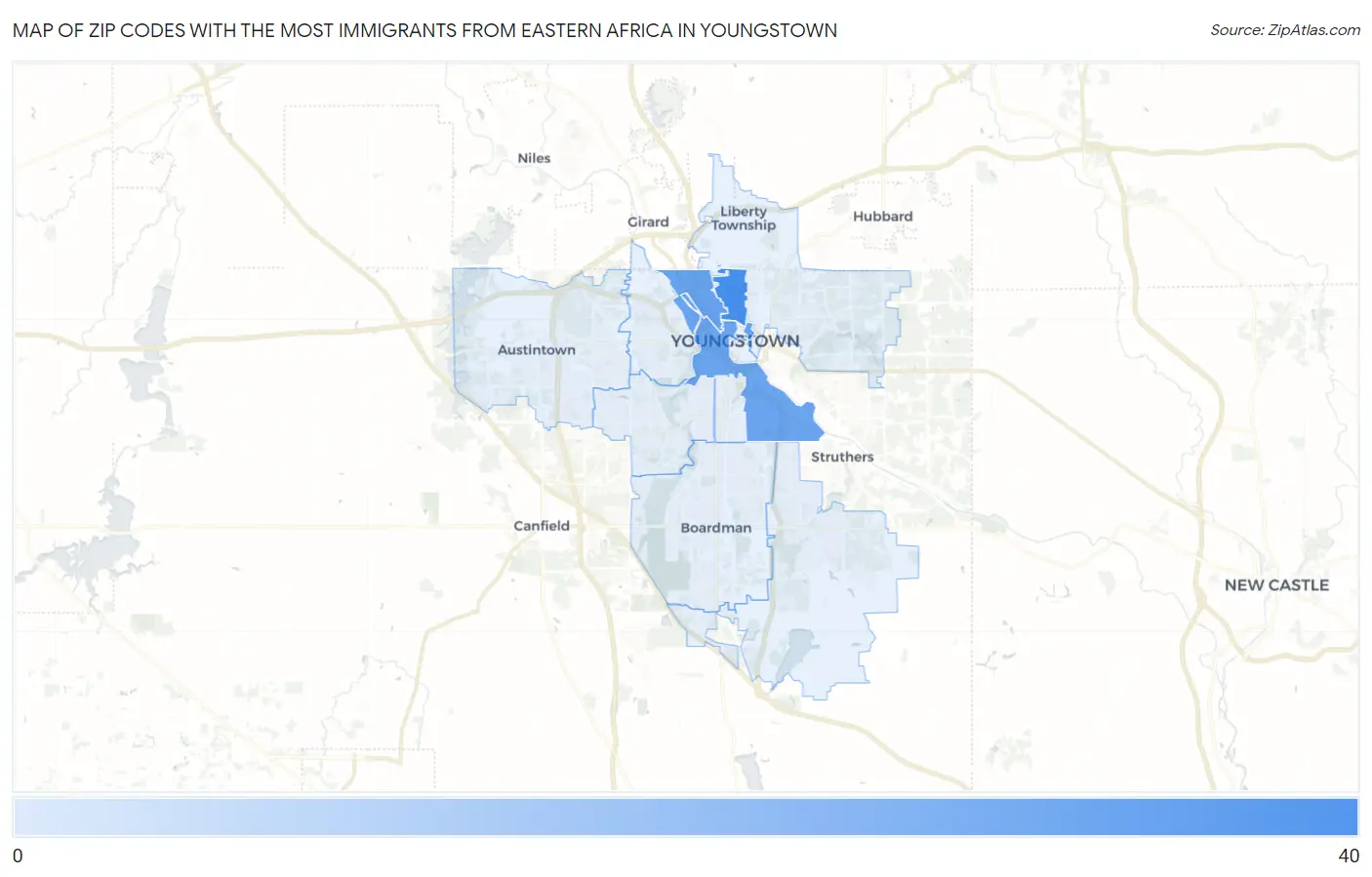 Zip Codes with the Most Immigrants from Eastern Africa in Youngstown Map
