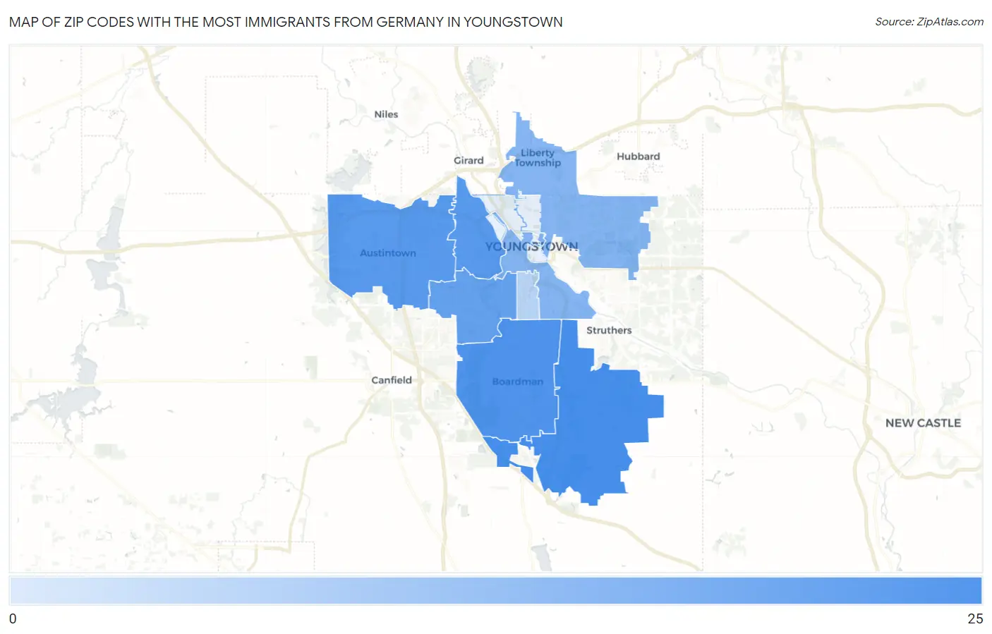 Zip Codes with the Most Immigrants from Germany in Youngstown Map