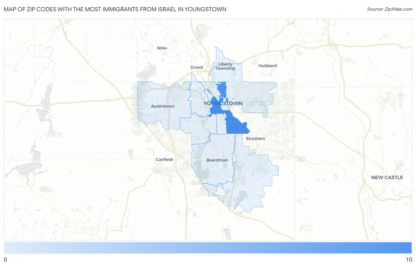 Zip Codes with the Most Immigrants from Israel in Youngstown Map