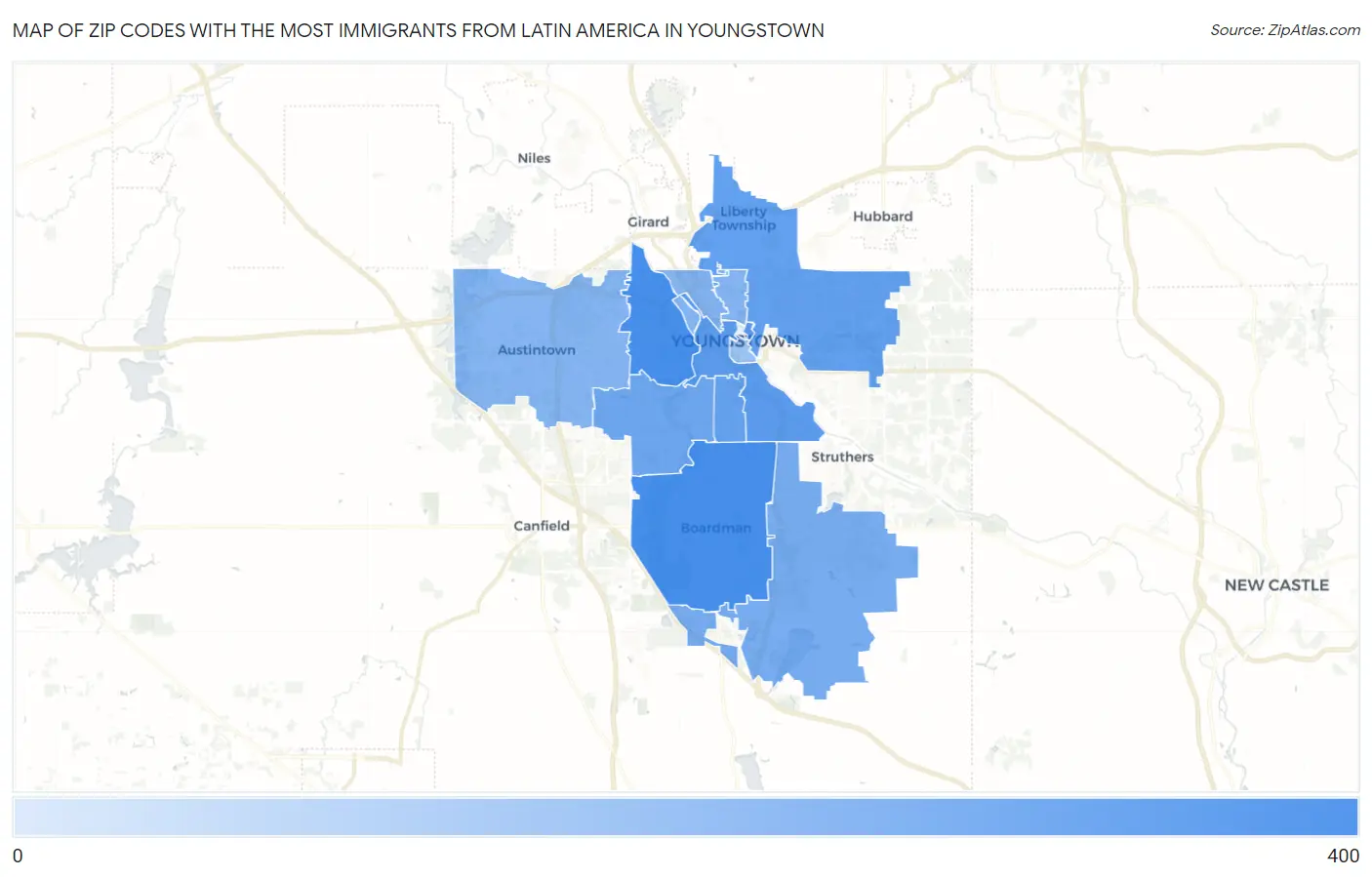 Zip Codes with the Most Immigrants from Latin America in Youngstown Map