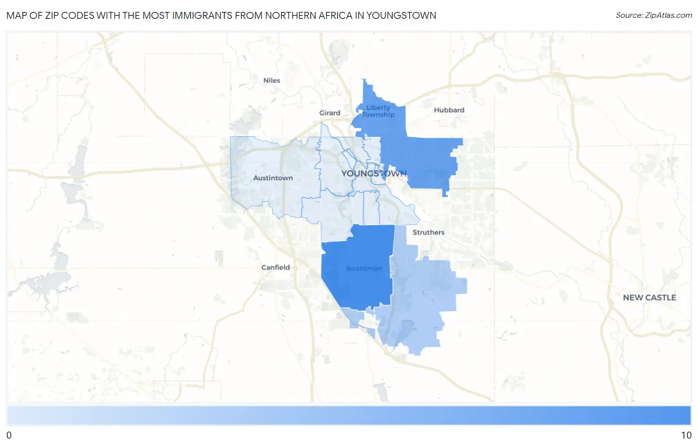 Zip Codes with the Most Immigrants from Northern Africa in Youngstown Map