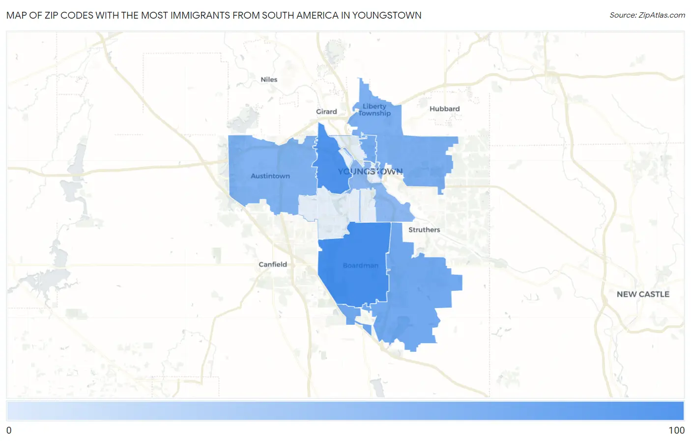 Zip Codes with the Most Immigrants from South America in Youngstown Map