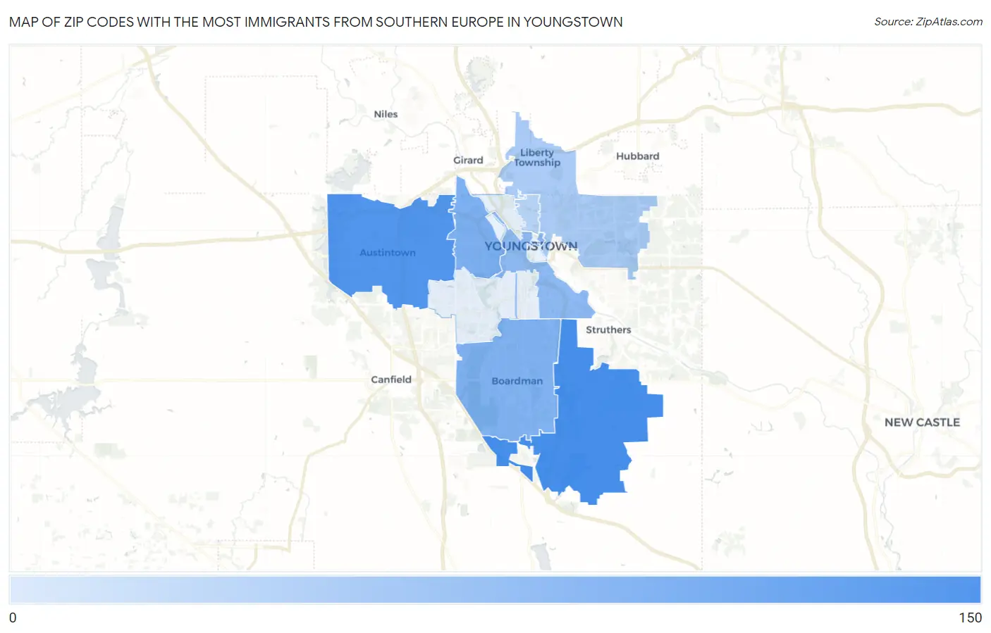 Zip Codes with the Most Immigrants from Southern Europe in Youngstown Map