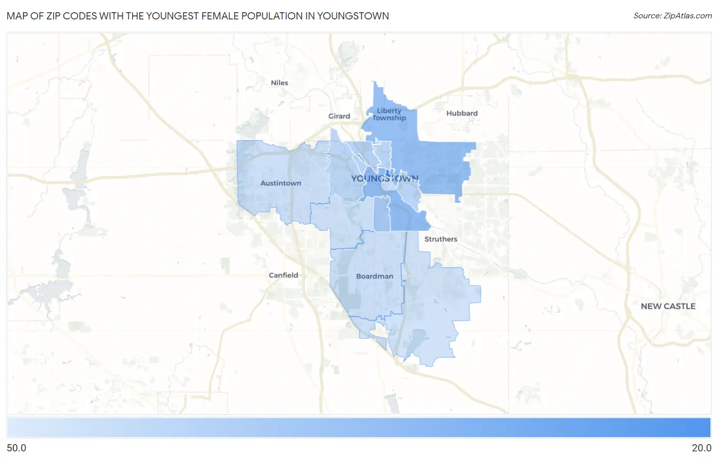 Zip Codes with the Youngest Female Population in Youngstown Map