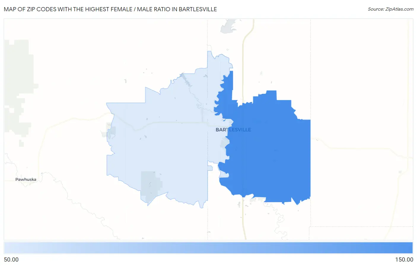 Zip Codes with the Highest Female / Male Ratio in Bartlesville Map