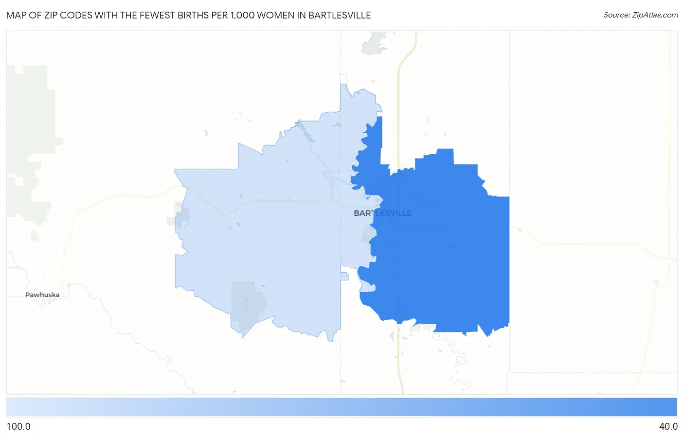 Zip Codes with the Fewest Births per 1,000 Women in Bartlesville Map
