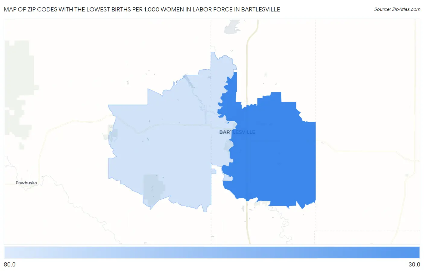 Zip Codes with the Lowest Births per 1,000 Women in Labor Force in Bartlesville Map