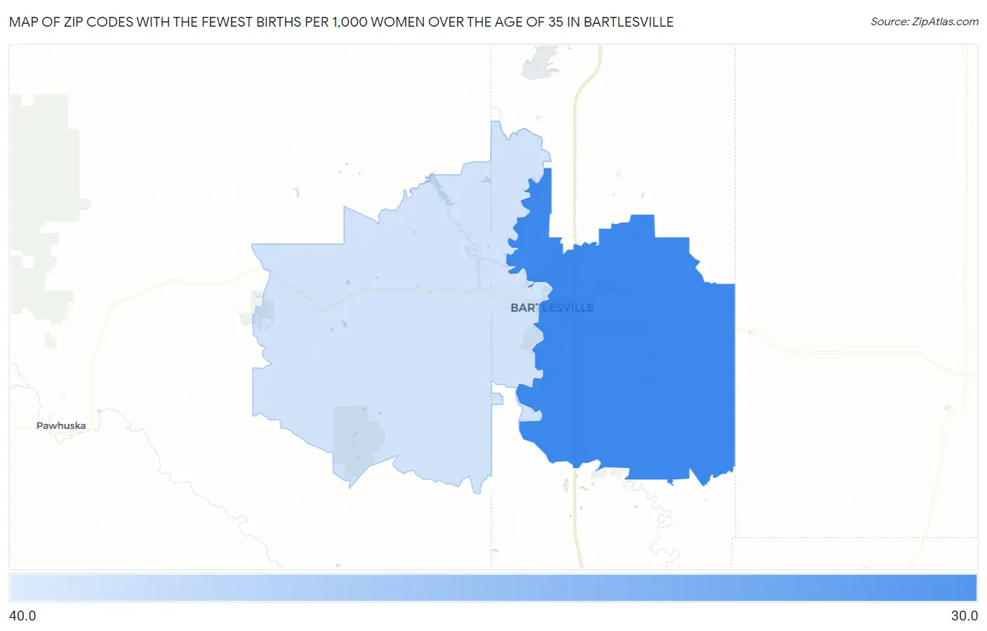 Zip Codes with the Fewest Births per 1,000 Women Over the Age of 35 in Bartlesville Map