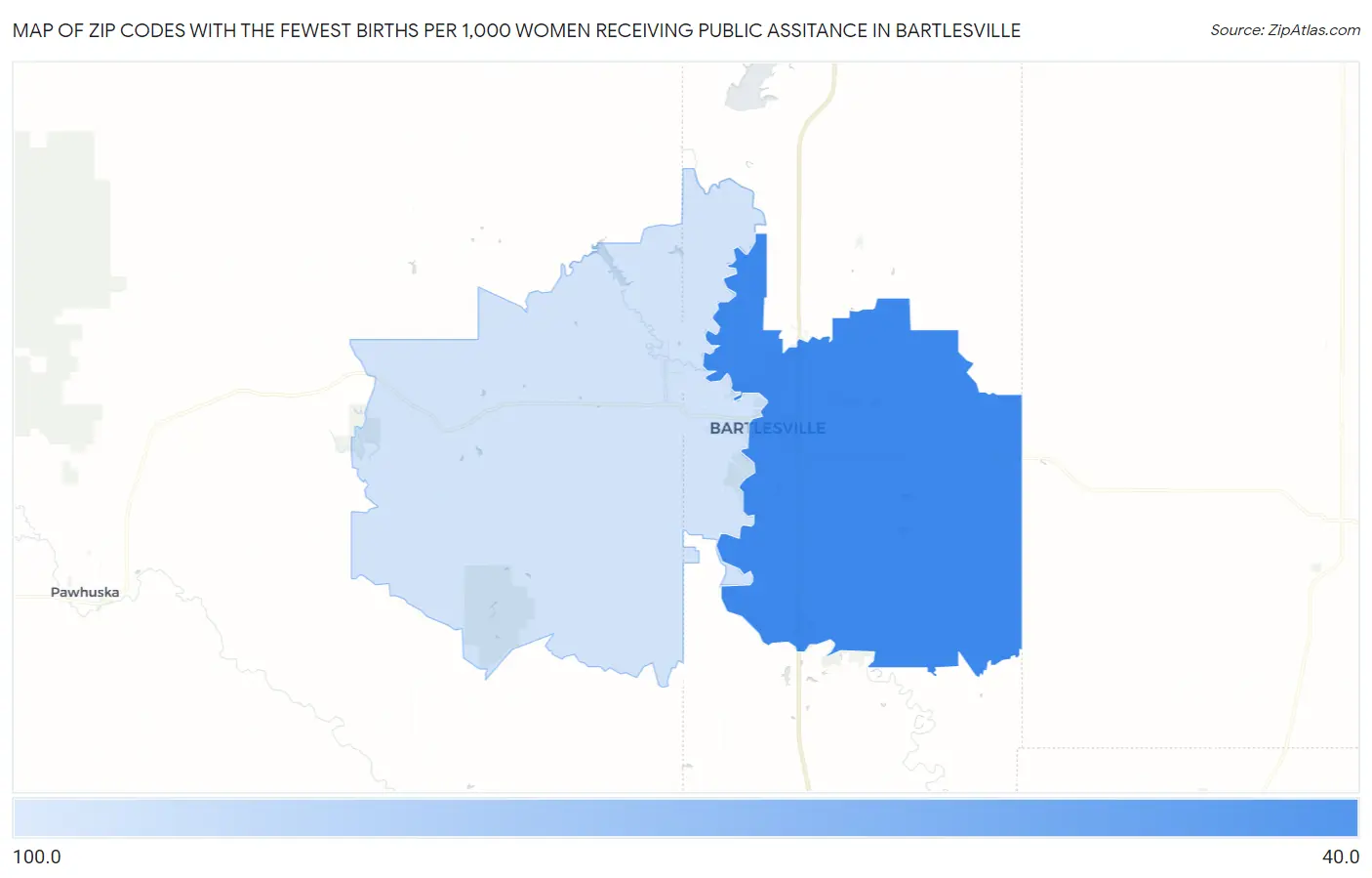 Zip Codes with the Fewest Births per 1,000 Women Receiving Public Assitance in Bartlesville Map