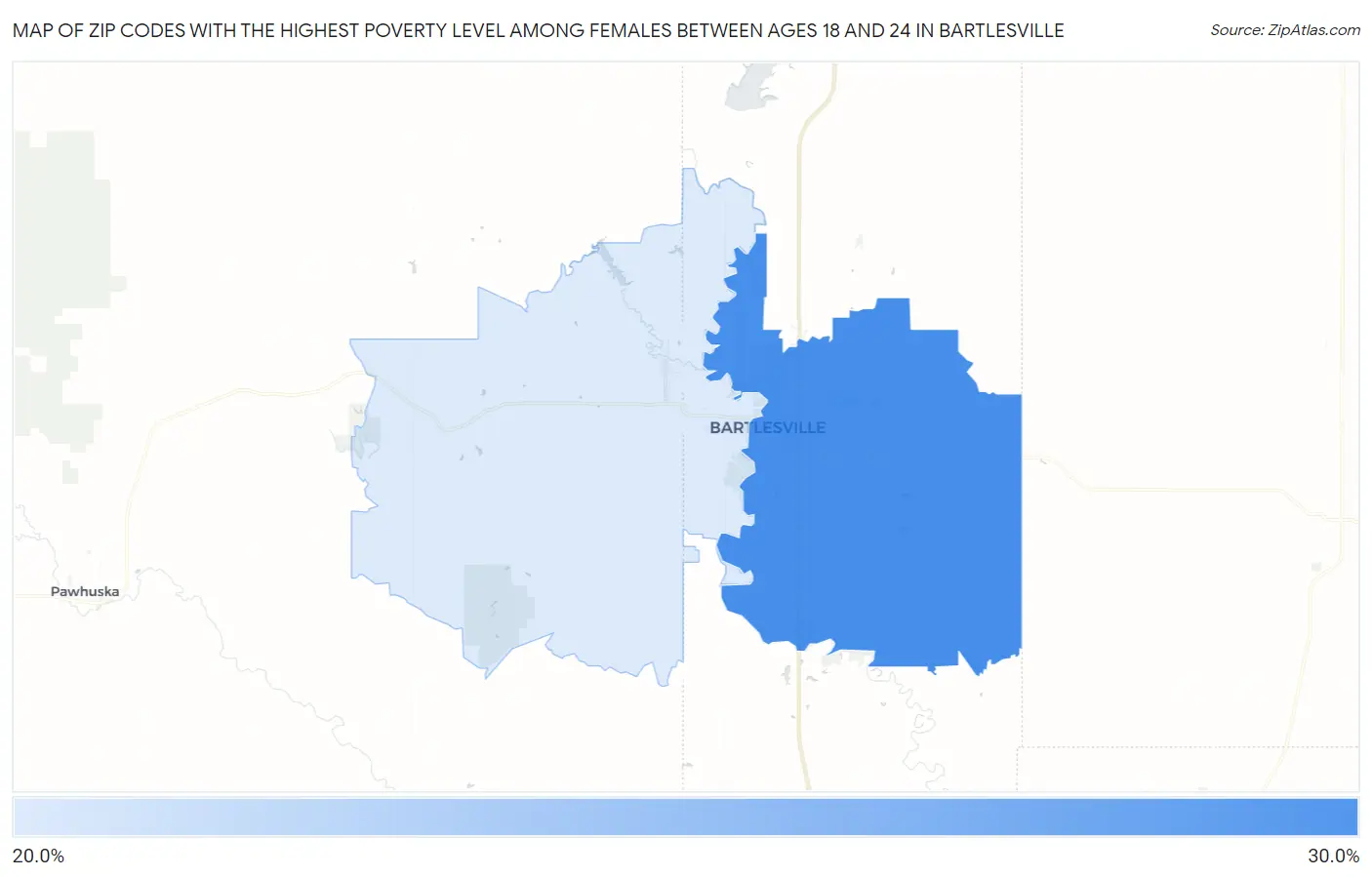 Zip Codes with the Highest Poverty Level Among Females Between Ages 18 and 24 in Bartlesville Map