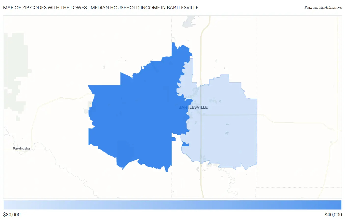 Zip Codes with the Lowest Median Household Income in Bartlesville Map