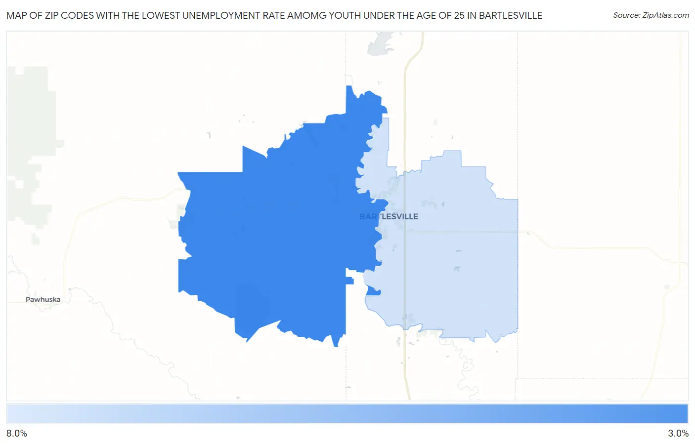 Zip Codes with the Lowest Unemployment Rate Amomg Youth Under the Age of 25 in Bartlesville Map