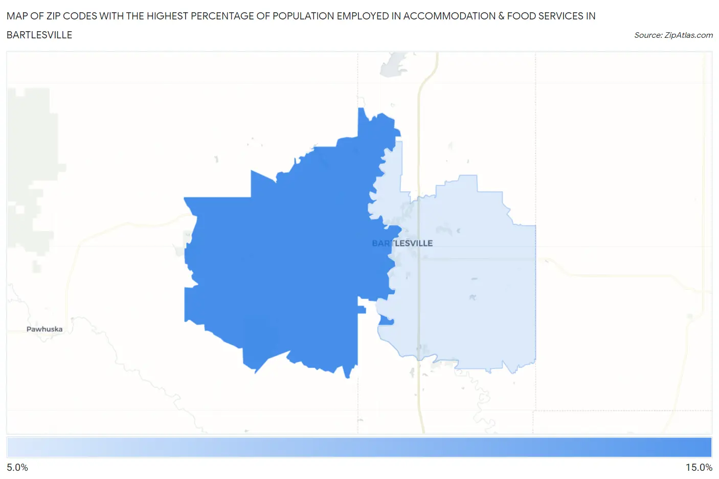 Zip Codes with the Highest Percentage of Population Employed in Accommodation & Food Services in Bartlesville Map