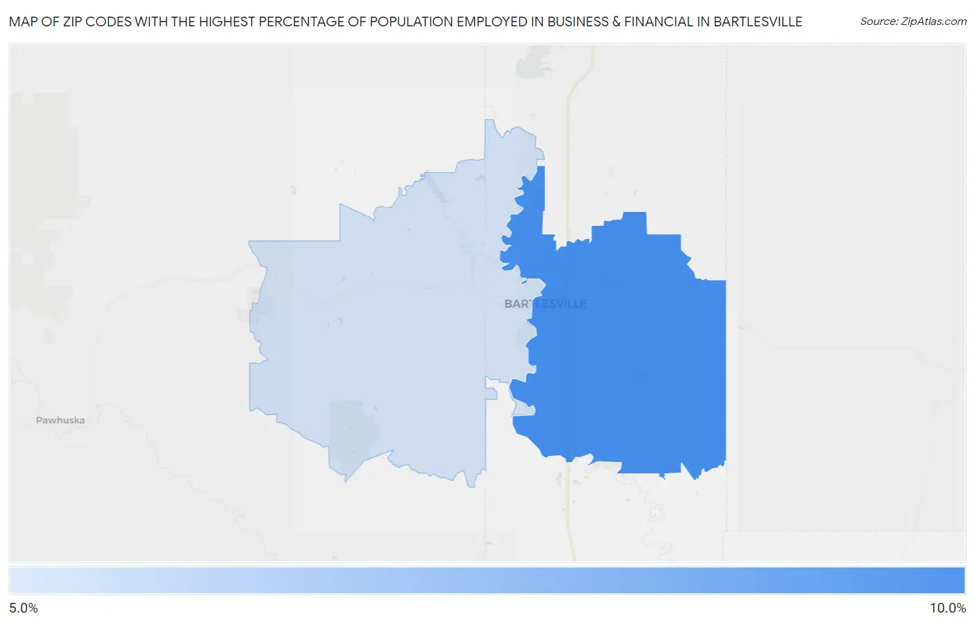 Zip Codes with the Highest Percentage of Population Employed in Business & Financial in Bartlesville Map