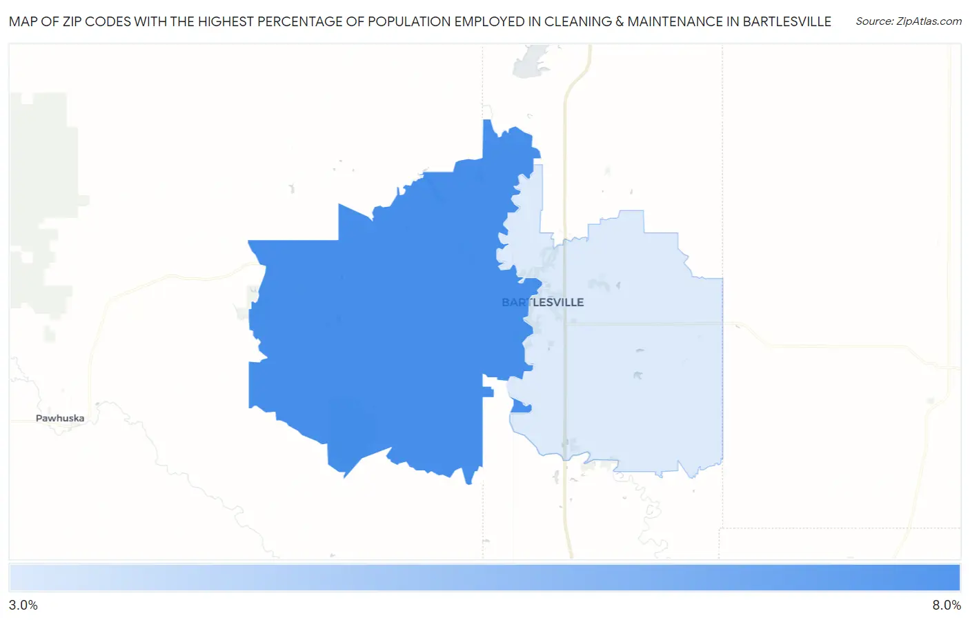 Zip Codes with the Highest Percentage of Population Employed in Cleaning & Maintenance in Bartlesville Map