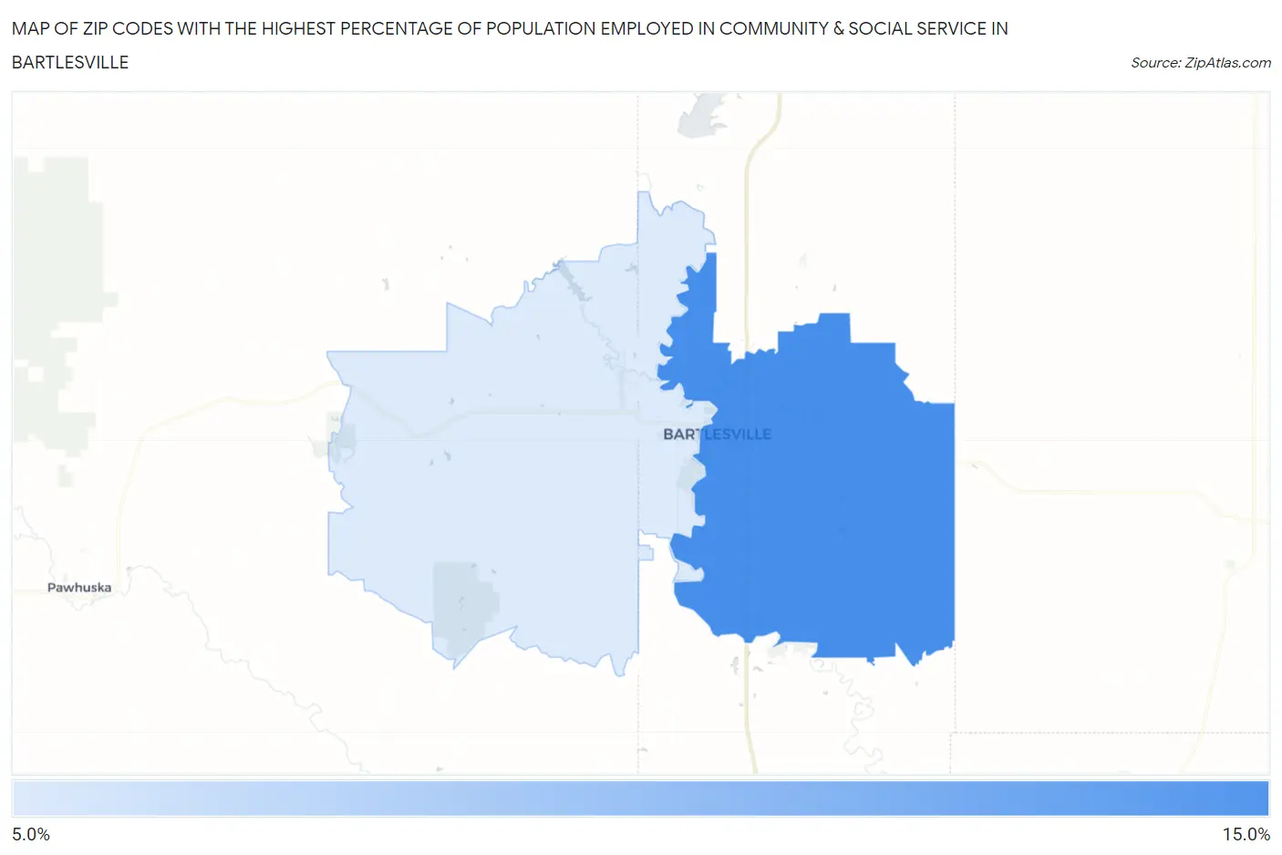 Zip Codes with the Highest Percentage of Population Employed in Community & Social Service  in Bartlesville Map