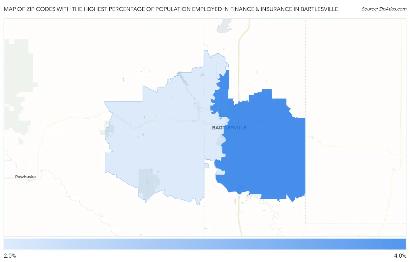 Zip Codes with the Highest Percentage of Population Employed in Finance & Insurance in Bartlesville Map
