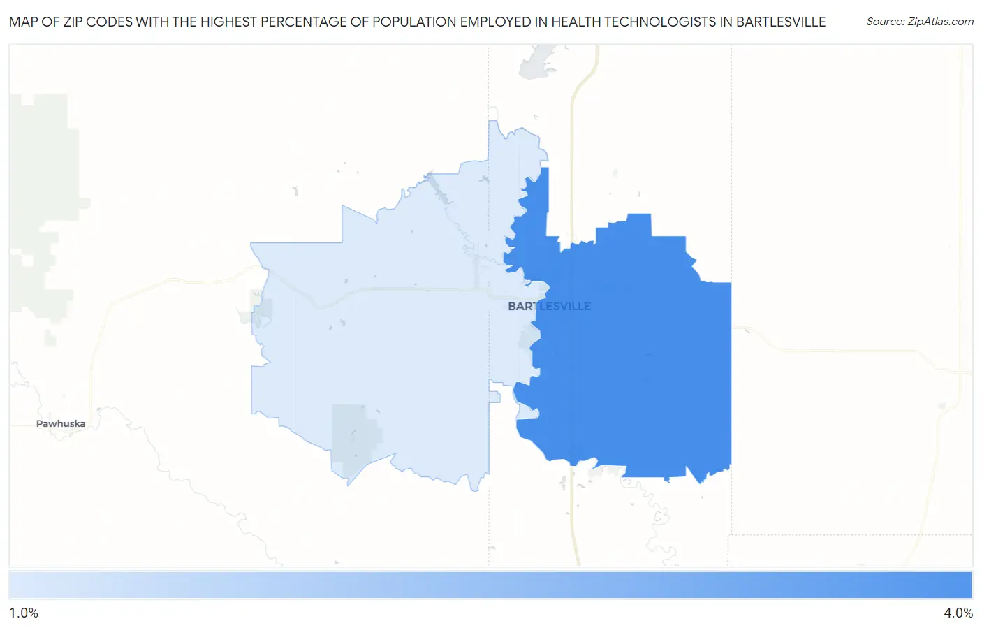 Zip Codes with the Highest Percentage of Population Employed in Health Technologists in Bartlesville Map
