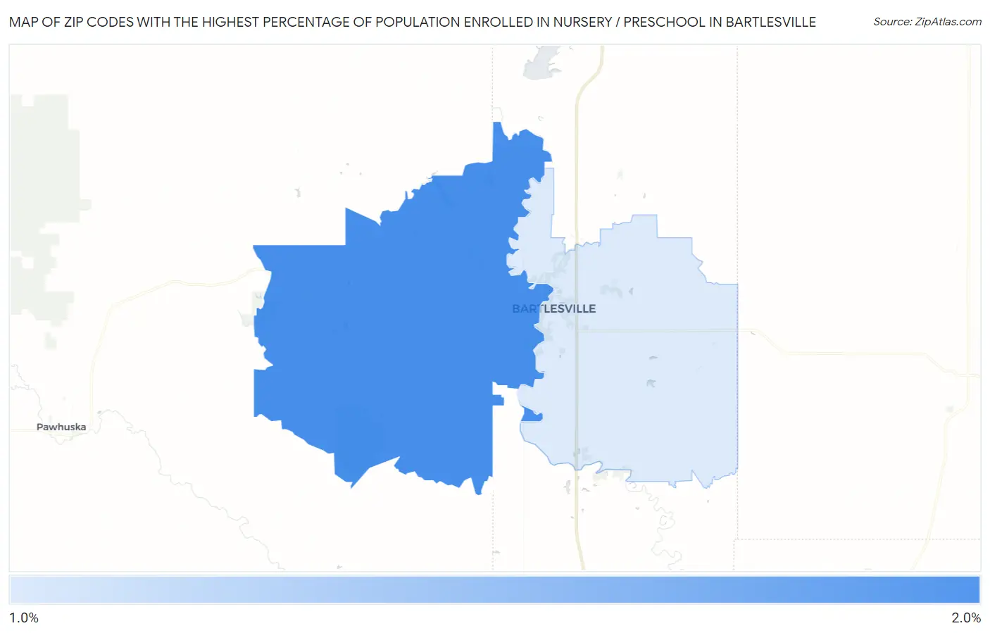 Zip Codes with the Highest Percentage of Population Enrolled in Nursery / Preschool in Bartlesville Map