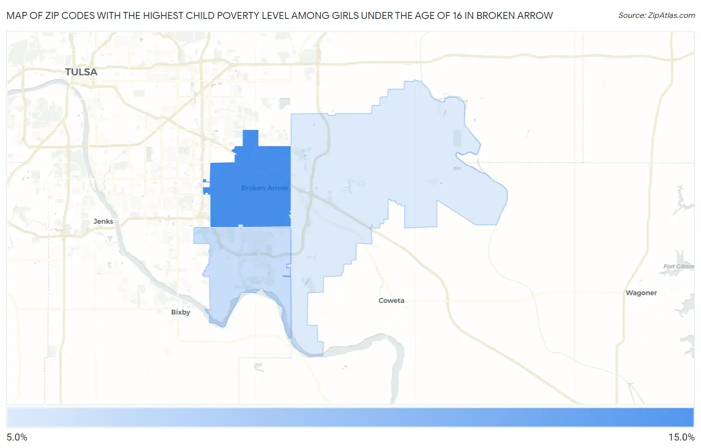 Zip Codes with the Highest Child Poverty Level Among Girls Under the Age of 16 in Broken Arrow Map