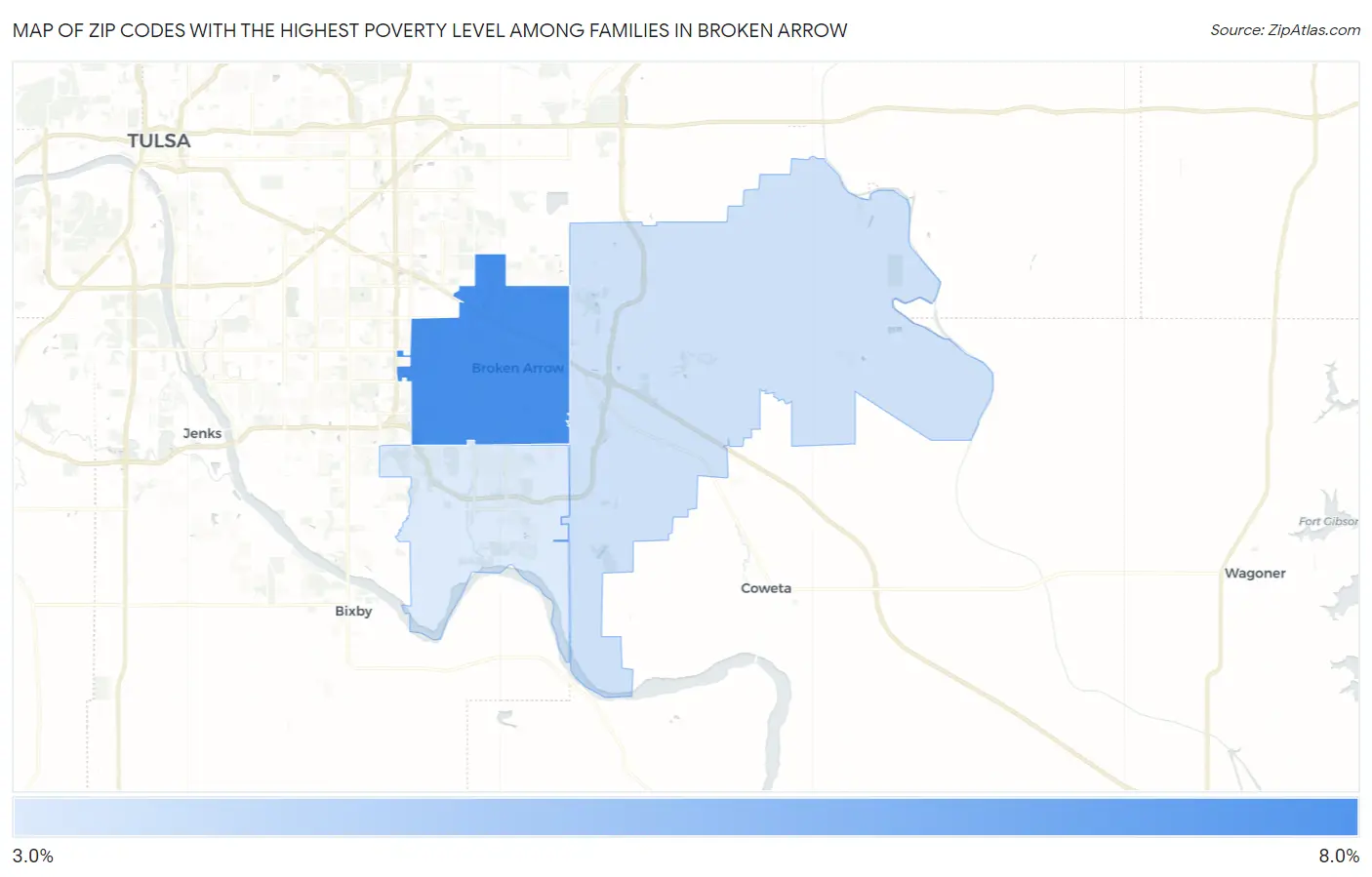 Zip Codes with the Highest Poverty Level Among Families in Broken Arrow Map