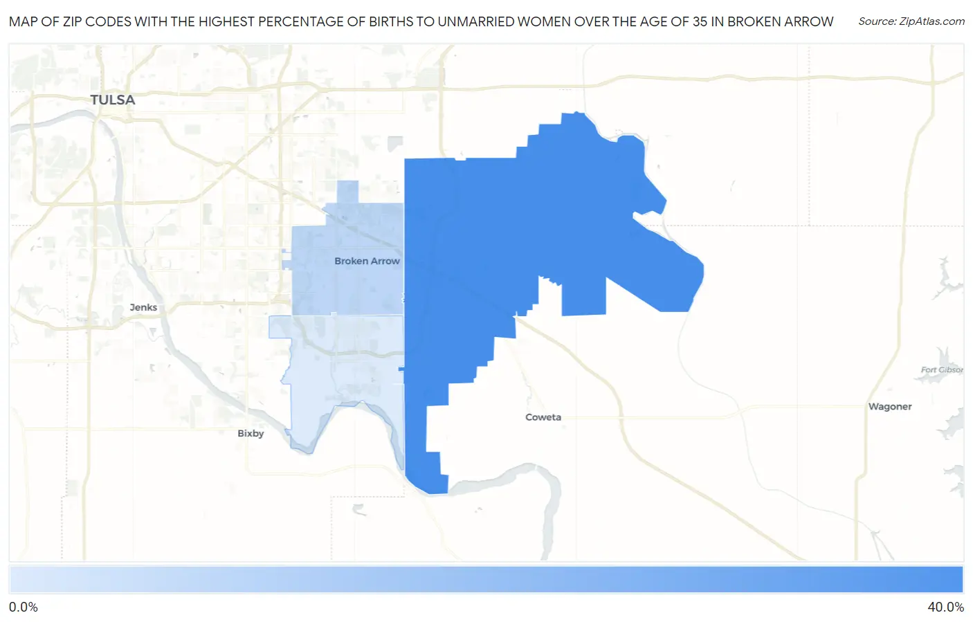 Zip Codes with the Highest Percentage of Births to Unmarried Women over the Age of 35 in Broken Arrow Map