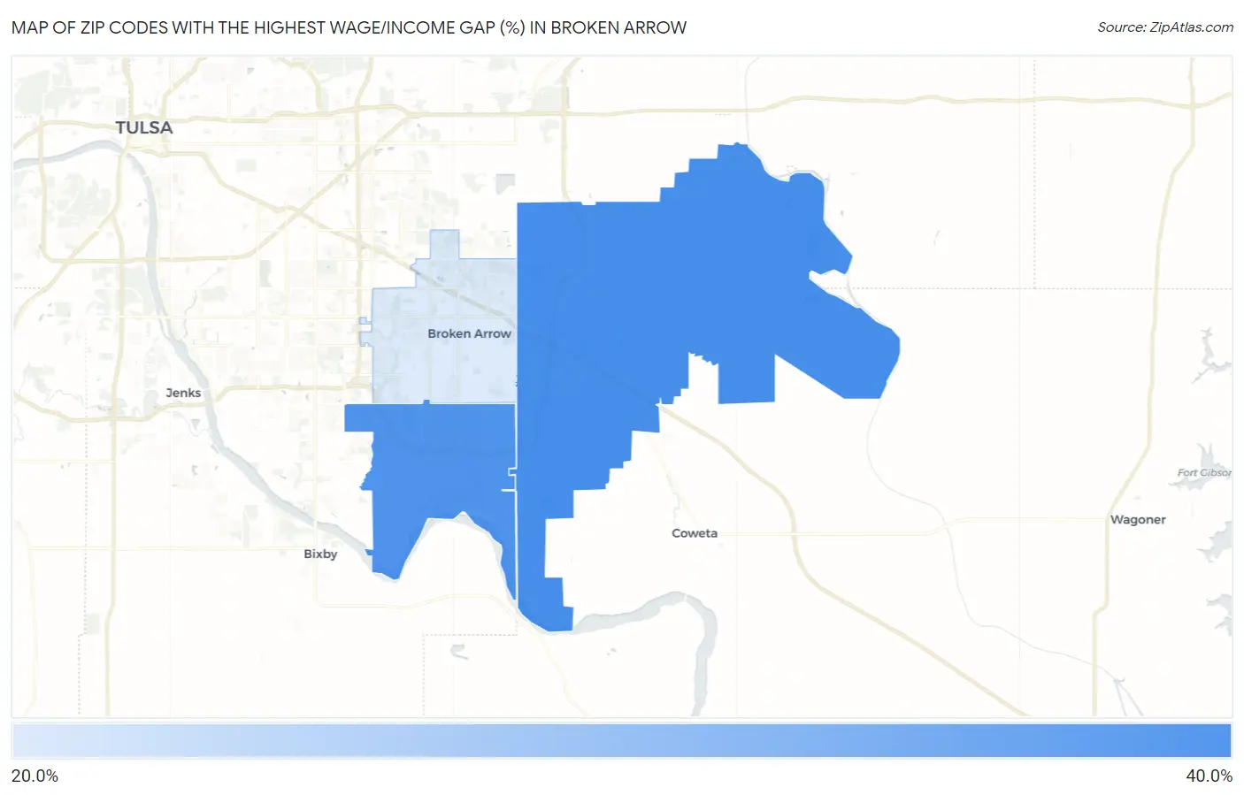 Zip Codes with the Highest Wage/Income Gap (%) in Broken Arrow Map