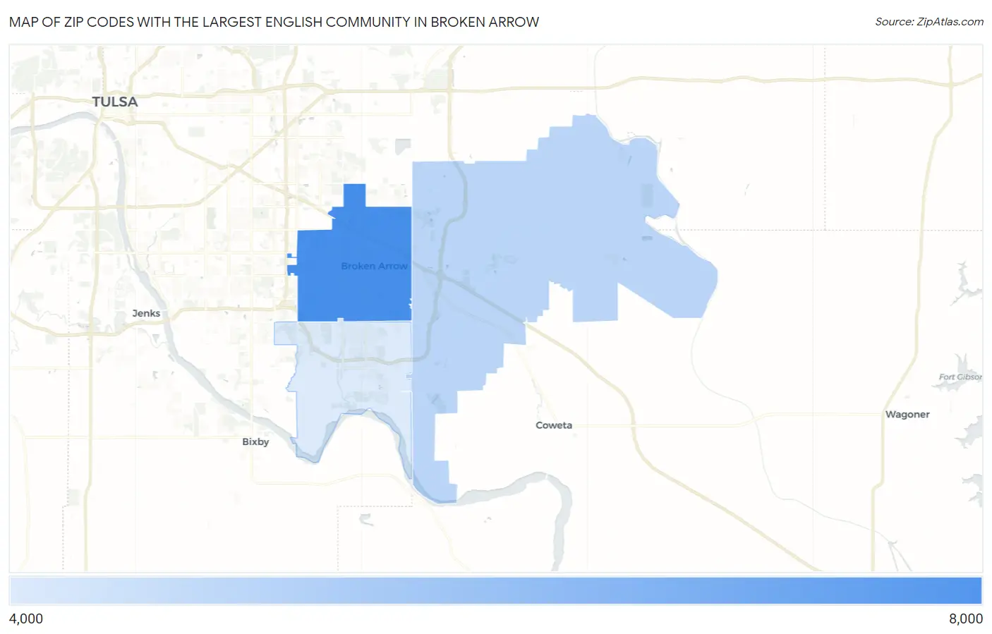 Zip Codes with the Largest English Community in Broken Arrow Map