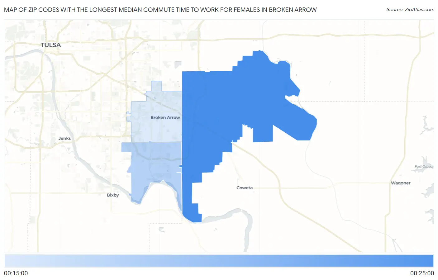 Zip Codes with the Longest Median Commute Time to Work for Females in Broken Arrow Map