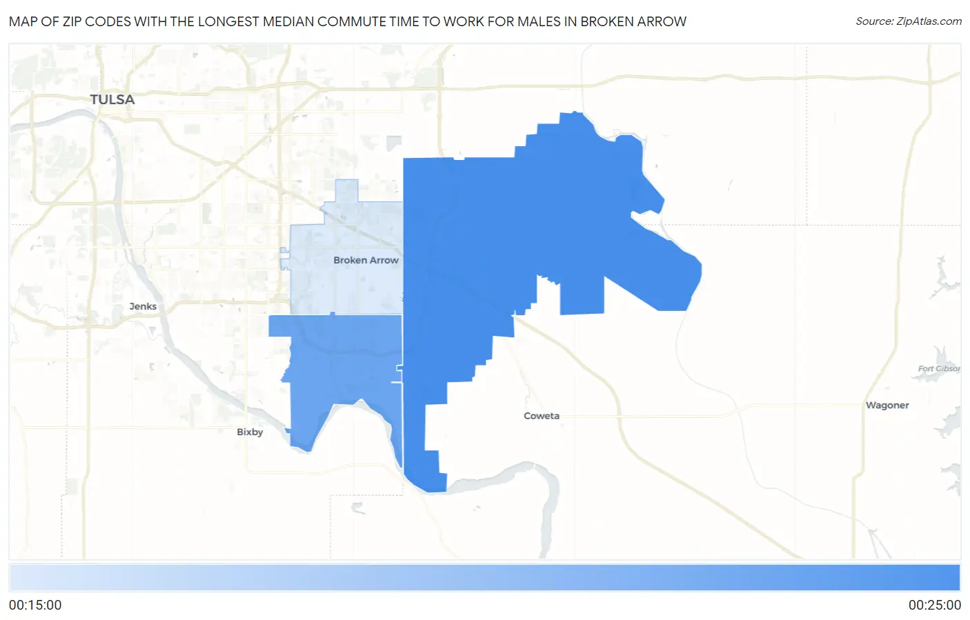Zip Codes with the Longest Median Commute Time to Work for Males in Broken Arrow Map